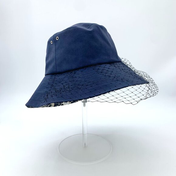 Christian Dior Navy Blue Fisherman Hat With Net Veil & Monogram Interior 57cm Ca main image 9